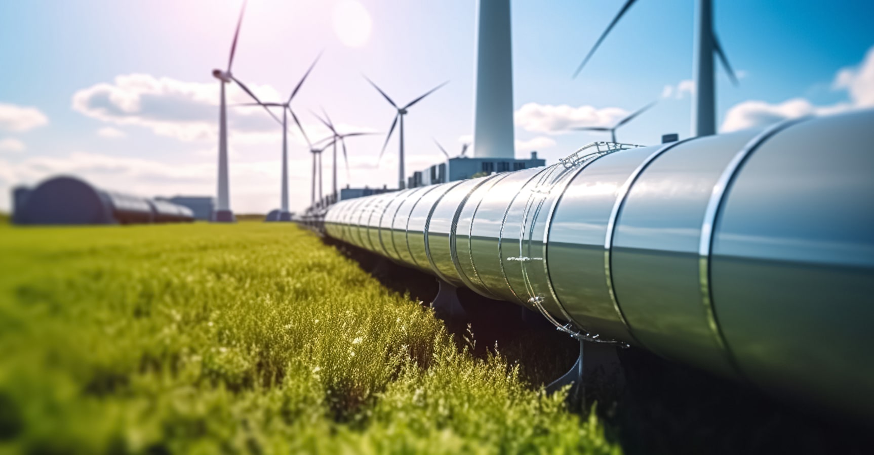 Digital rendering of a hydrogen hub featuring piping and windmills